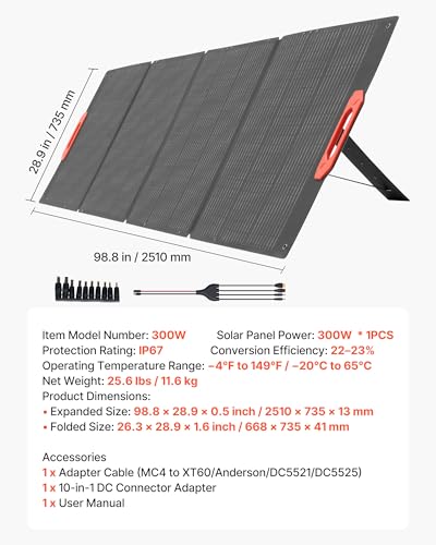 VEVOR 300W Foldable Monocrystalline Solar Panel, 23% High-Efficiency Portable Mono Solar Panel Charger with MC4 Output & 10-in-1 DC Adapters, IP67 Waterproof for Power Stations, Camping, Hiking Trips - size: 300W