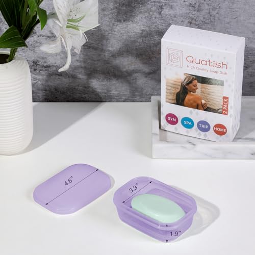 Quatish Leakproof Soap Dish with Lid & Draining Layer, Shatterproof Travel Bar Soap Holder Case Container, Portable Travel Size Toiletries Essentials for Camping, Gym, Bathroom, Clear Purple - color: Clearpurple, size: Medium