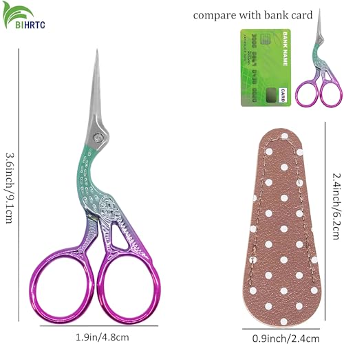 BIHRTC 3.6" Precision Crane Scissors,Stainless Steel with Leather Cover | 3.6 Inch Small Scissors for Embroidery,Scrapbooking,Detailed Craft Work,Sewing,Needlework - color: Green Pink, size: 3.6inch