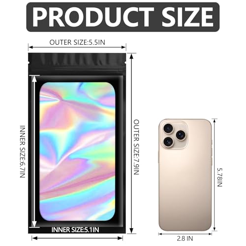 Funfery 100pcs Mylar Holographic Bags-Resealable Zipper&Clear Window (Black, 5.5 x 7.9 Inch) - color: Black, size: 5.5 x 7.9 Inch