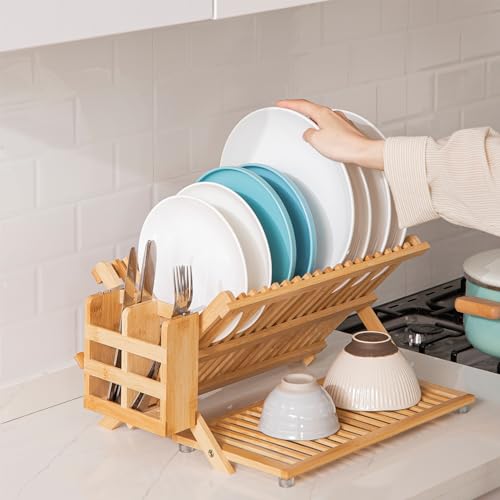 HBlife Bamboo Dish Drying Rack with Utensil Holder, 3-Tier Large Collapsible Wooden Dish Drainer Rack, Folding Drying Holder Dish Drainer for Kitchen Counter - color: Bambooa-3 Tiers