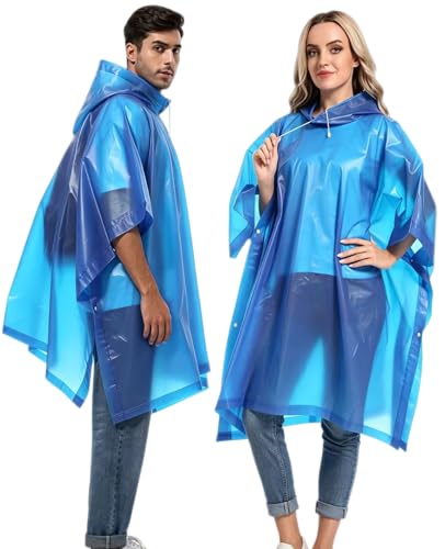 Reusable Rain Ponchos with Drawstring Hood for Adults, Waterproof Thicken Rain Coat, 2 Packs - color: A4_blue (2-pack)