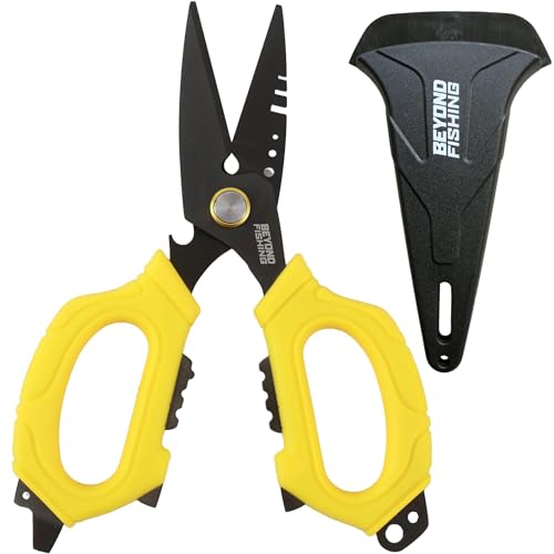 Beyond Fishing 6.5" Pro Fishing Shears Dual Serrated Blades, Fishing Braided Line Scissors with Titanium Coating, Non-Slip Grip & Multifunction Tool, Includes Hard Molded Locking Sheath - color: Omnipro - Yellow