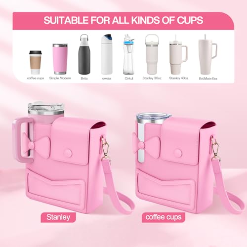 Crossbody Bag for Stanley Cup Purse, Outdoor Portable Water Bottle Holder with Adjustable Shoulder Strap - color: Pink
