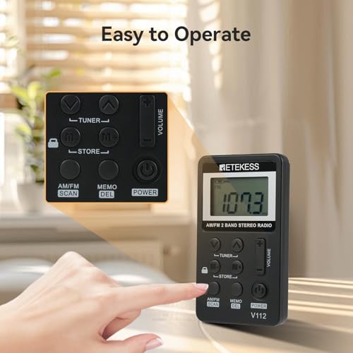 Retekess V112 AM FM Pocket Radio, Digital Radio with Earphone(Black) | for Walking, Jogging, Training,Rechargeable Battery, LCD Display - color: Black