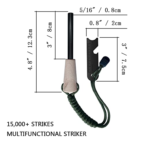 Fire Starter Survival Kit, Larger Ferro Rod with Striker Lanyard 3in Long Flint and Steel, 13.8in Wick Hemp Cord, Multifunctional Bag - style: Green Bag Kit