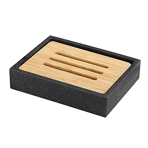 Luxspire Square Soap Dish, Bamboo Resin Drainage Holder, Black - color: Black