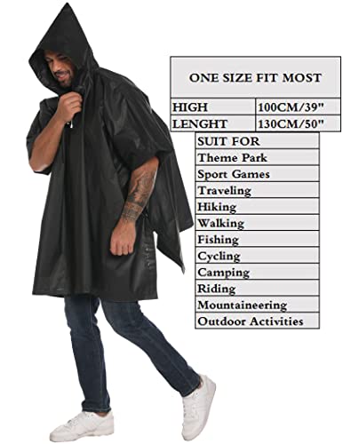Reusable Rain Ponchos with Drawstring Hood for Adults, Waterproof Thicken Rain Coat, 2 Packs - color: Black & Grey