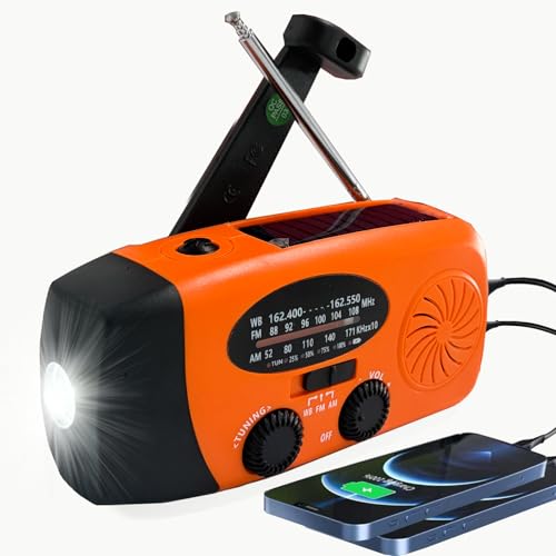 Portable 2000mAh Hand Crank Emergency Solar Panel SOS Weather Radio, Self-Powered 7 NOAA Channels Emergency Radio, WB/AM/FM Radios with Reading Lamp (Orange) - color: Orange