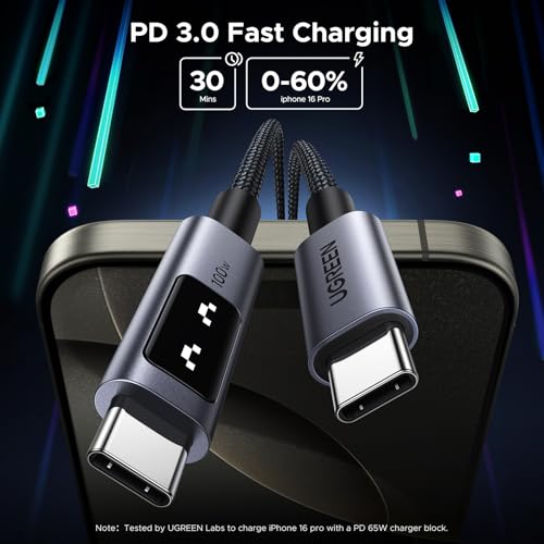 UGREEN Uno USB C Cable 100W with LED Display, Fast Charging, 10ft, Black | For iPhone 17/16/15, MacBook Pro/Air, iPad Pro/Air/Mini, Galaxy S26/S25/S24, Dell XPS, Pixel, Switch, and more - color: Black, size: 10 FT