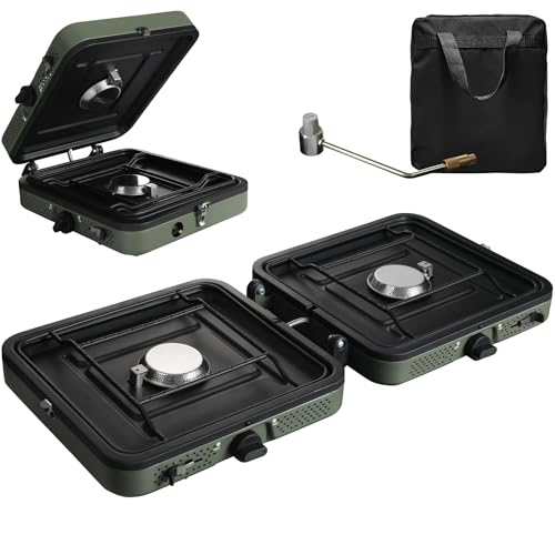 2 Burner Camping Stove 17200 BTU Portable Folding Gas Stove with Adjustable Burners Carry Handle Gas Pipe for Outdoor Camping Tailgating BBQ - color: Green Stove