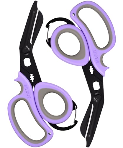 MEUUT All Purpose Scissors 2 PCS with Carabiner for Kitchen Outdoor | 7.5-inch heavy duty all purpose, Ambidextrous, micro-serrated stainless steel blades, integrated O2 wrench, soft rubber grip - color: Pastel Purple+pastel Purple