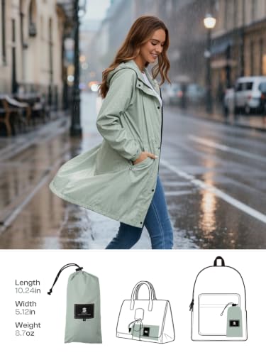 SaphiRose Women's Lightweight Long Rain Jacket Packable Raincoat Hooded Outdoor Trench Coats - color: Light Green, size: Medium