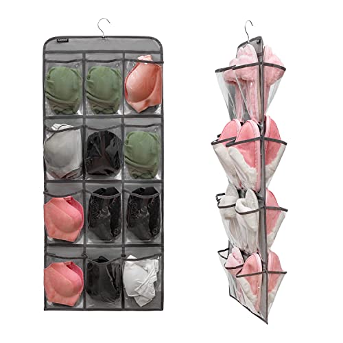 Dual Sided Hanging Shoe Organizer for Closet with Rotating Hanger Hanging Shoe Rack Holder with 24 Large Pockets (GREY-Clear Pockets) - color: GREY