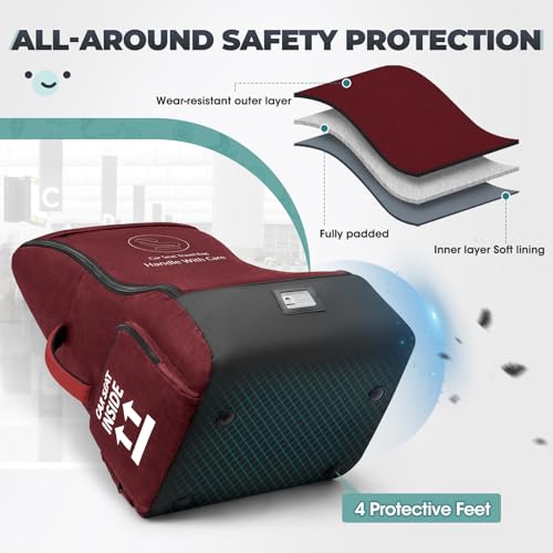 RAINSMORE Padded Car Seat Travel Bag for Airplane Car Seat Backpack, Red - color: Red&Black
