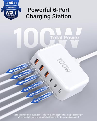 USB C Charger Block, GaN Fast USB Charging Station Hub with 100W Max 6-Port - color: A-White, size: 100W