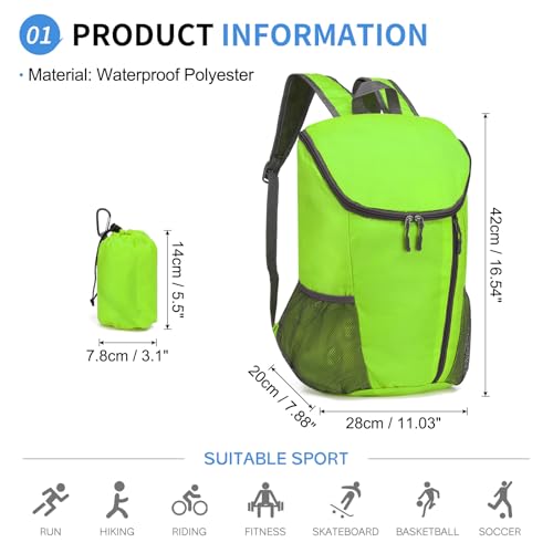 Hiking Backpack 20L Foldable Daypack for Men Women Nylon Green | Packable Backpack for Men Women, Small Foldable Day Pack Waterproof for Travel Camping Mountaineering - color: Green