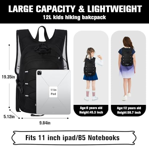 12L Kids Hiking Backpack, Small Hydration Backpack, Waterproof Kids Camping Daypack 5-10, No Water Bladder… - color: Black