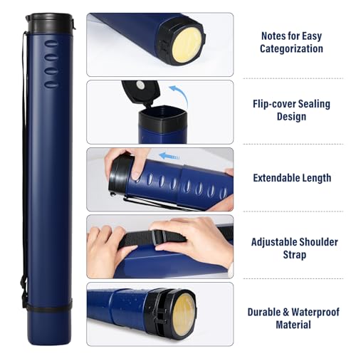 DEWEL Adjustable Poster Tube 24.5"-42", Telescoping Drawing Tube with Strap - color: Dark Blue (Polygon), size: Large