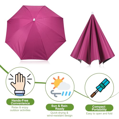 Umbrella Hat, Fishing Hat Hands Free Waterproof Adjustable Sun | Rain Cap Elastic Band Fit Camping - color: Rose Red