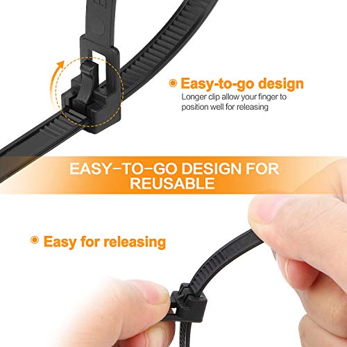 100 Pack Reusable Zip Ties 12 Inch Heavy Duty UV Resistant Cable Ties Black | Reusable Trigger Release / Heavy Duty Nylon / UV Weatherproof / Non-Slip Self-Locking / Smooth Round Ending No Hurt - size: 12 inch