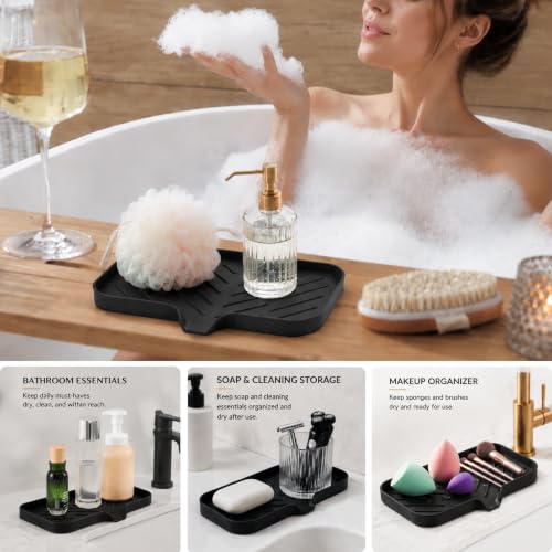 MicoYang Silicone Soap Dish with Drain Spout — Self-Draining Sink Organizer Tray for Bathroom & Kitchen, Sponges, Dispensers & Soap Holder, Non-Slip & Dishwasher Safe, Black (Medium, 9.6"×5.3") - color: Black, size: M(9.6"×5.3")