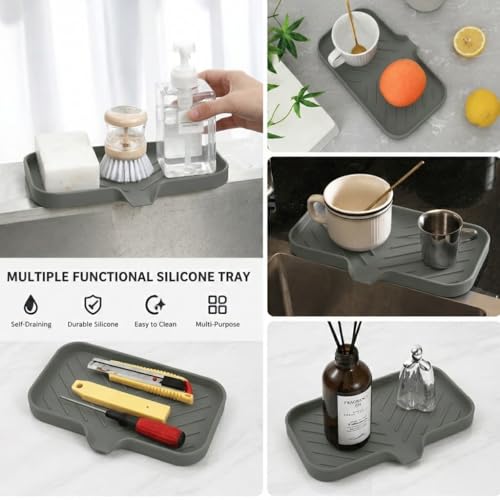 MicoYang Silicone Soap Dish with Drain Spout — Self-Draining Sink Organizer Tray for Bathroom & Kitchen, Sponges, Dispensers & Soap Holder, Non-Slip & Dishwasher Safe, Grey (Medium, 9.6"×5.3") - color: Grey, size: M(9.6"×5.3")