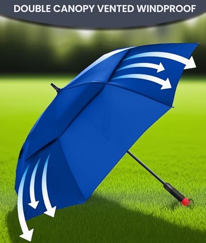 62/68/72 Inch Large Golf Umbrella Windproof Waterproof Auto Open | Oversized Double Canopy Vented, 210T Waterproof Pongee Fabric, Light Fiberglass Frame, Unique Red Foam Handle - color: Royal Blue-Red Handle, size: 68"