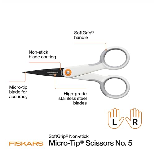 Fiskars 5" Non-Stick Micro-Tip Scissors for Sticky Materials, No. 5, White | Non-Stick Coated Stainless Steel Blades to Cut Tape, Glue, Vinyl & Stickers, SoftGrip Handle, Ambidextrous Double-Loop Handle - size: 5”, style: Non-Stick