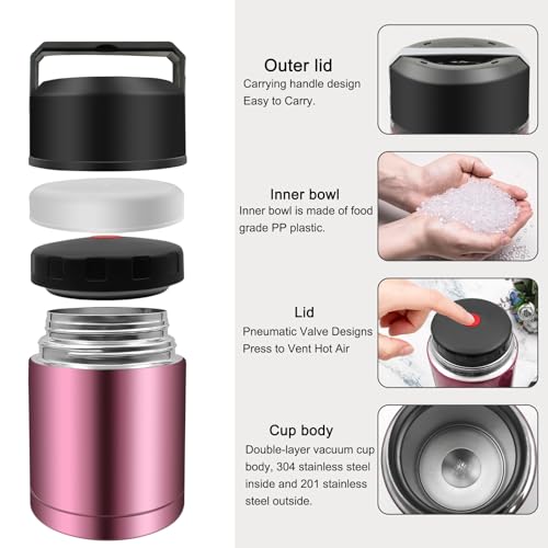 28oz Soup Thermos, Stainless Steel, Wide Mouth, Rose Red - color: rosered-28oz