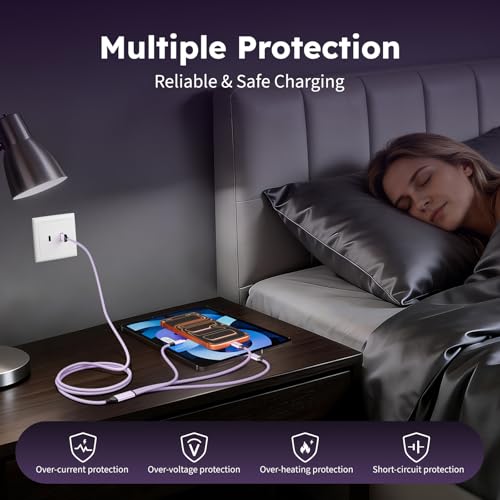 3 in 1 USB Cable with 2 USB-C/IP, Multi Charging Cable for Multiple Devices | USB C Splitter Cable, Multiple Phone Charger Cord for iPhone17-8, Androids iPad and More, Travel Car Accessories(1 Pack 4FT) - color: Purple, size: 1Pack 4 ft