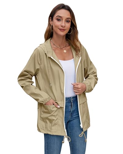 Hount Women Rain Jacket Lightweight Waterproof Packable Raincoat with Hood - color: Beige, size: XX-Large