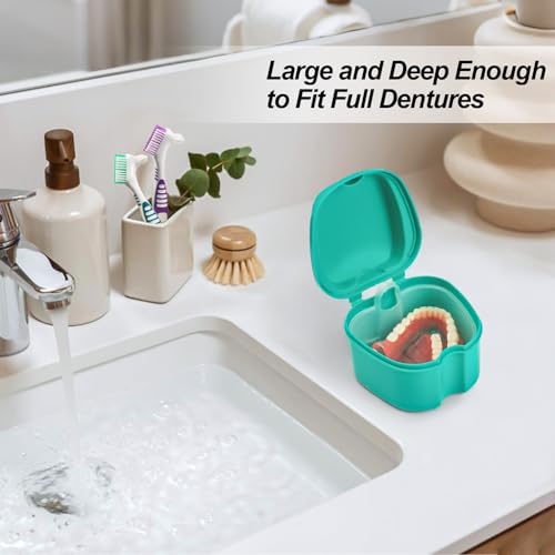 2 Pack Denture Bath Case Cup with Lid and Strainer Basket, Retainer Cleaner Case Dental False Teeth Container with 2 Travel Brushes, Lake Green and Dark Blue - color: Lake Green & Dark Blue