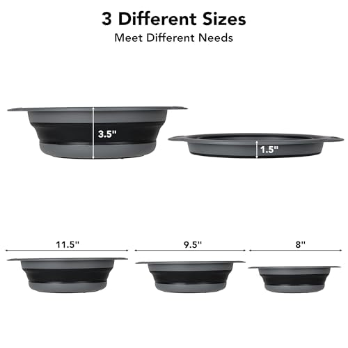 Collapsible Colander Set of 3 with Kitchen Counter Self-draining Base, Round Silicone Food Foldable Strainer for Cooking Pasta, Vegetables and Fruit (3QT, 4QT and 5QT), Black - color: Black