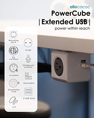 Allocacoc PowerCube USB Power Strip Surge Protector, 4 Outlets 2 USBs 5ft Cord Mounting Dock & Removable Tape, Compact Travel Plug Cube for Cruise Home Office Dorm 15A 1875W ETL Certified Green - color: Green