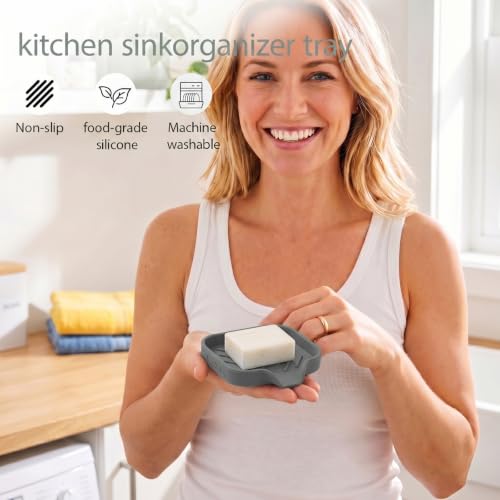 MicoYang Silicone Soap Dish with Drain Spout, Self-Draining Sink Organizer Tray for Bathroom and Kitchen, Sponges, Dispensers and Soap Holder, Non-Slip and Dishwasher Safe, Grey (Compact, 4.9"×3.2") - color: Grey, size: S(4.9"×3.2")