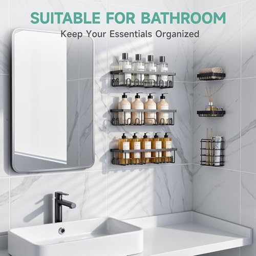 Veken Shower Caddy 6-Pack, Bathroom Organizers and Storage Shelves, Black | Advanced Rustproof Design, Large Capacity, No Drilling, Adhesive Rack with Soap Holder, Wall-Mounted Kitchen & Home Decor - color: Black