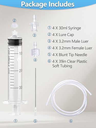 4Pack 30ml Plastic Syringe with 39in Tubing, 4 Sets 3.2mm Luer Adapters, Clear Dispensing Syringe for Oil Extraction, Plant Watering, Hobby Crafts, Liquid Transfer Fluid Pump Tool - size: 30 ML