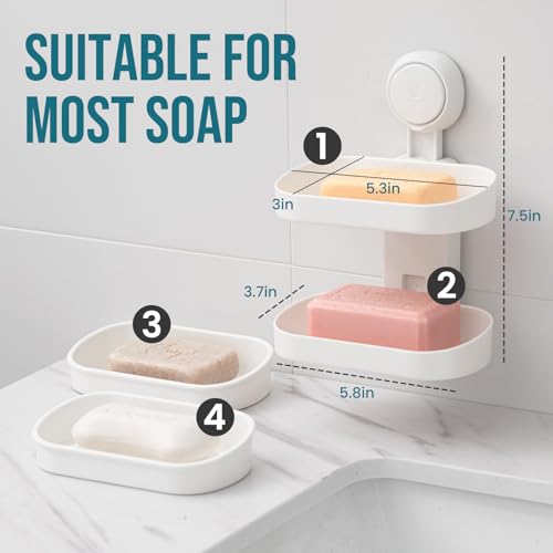 TAILI Double Layer Soap Dish Suction Cup Soap Holder, Strong Sponge Holder for Shower, Bathroom, Tub and Kitchen Sink, Drill-Free, Removable (Pack of 2) - color: White, size: 5.8" * 3.7" 2 Tier (Pack of 2)