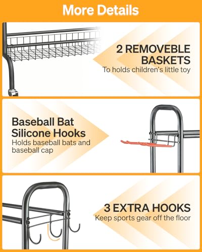 EXTCCT Basketball Rack with Wheels, 4 Tier Garage Ball Storage Organizer | Heavy duty rolling balls cart with two basket storage, ball holder, Sports equipment organized for outdoor, indoor, Grey - color: Standard Grey