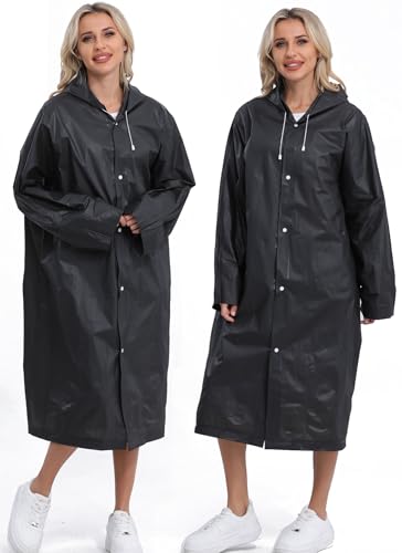 2-Pack Reusable Rain Ponchos for Adults, HOOMBOOM Raincoats Emergency for Women/Men with Drawstring and Sleeves - color: Black