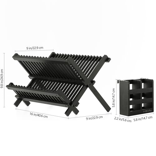 HBlife Dish Rack, Bamboo Folding 2-Tier Collapsible Drainer Dish Drying Rack with Utensils Flatware Holder Set (Dish Rack with Utensil Holder) - color: Bamboo-black-2 Tiers