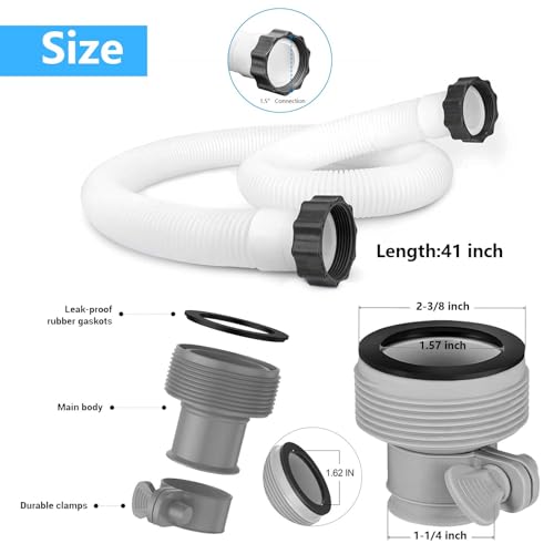 1.5" Pool Pump Hoses with Adapter Type B Connector Kit for Intex ＆ Coleman Above Ground Pools -1 1/2 Pool Hose Compatible with 1500-2500 GPH Sand Filter Pumps & Saltwater Systems (1, White) - color: White