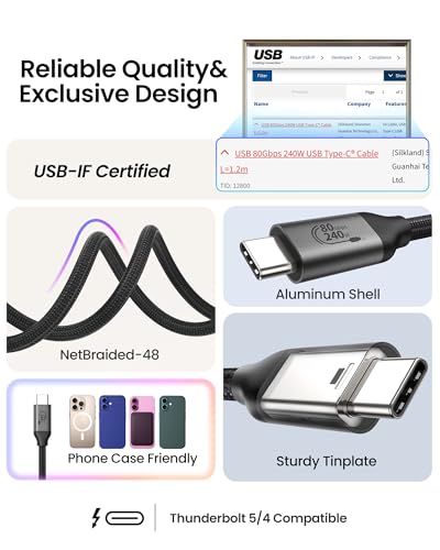 Silkland 80Gbps USB 4 for Thunderbolt 5 Cable 4FT, 120Gbps Bandwidth, 240W | up to 4K@540Hz/Dual 8K, USB-IF Certified, Braided USB C Data Cable Compatible for Thunderbolt 4, SSD, MacBook, iPhone17 - size: 4 Feet