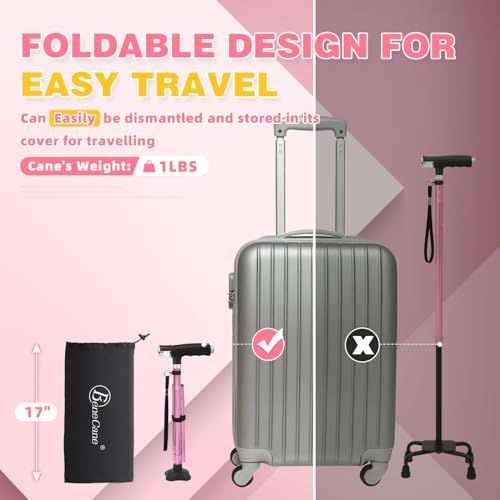 BeneCane Walking Cane for Women Folding Cane for Men with Two Led Lights Quad Cane with Stable Base Lightweight and Adjustable Walking Stick - color: Pink
