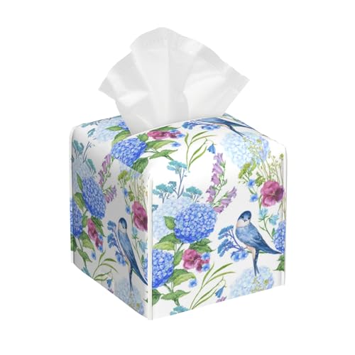Leather Tissue Box Holder Bird with Blue Hydrangea Tissue Box Cover Square Waterproof Tissue Holder Organizer Modern Napkin Holder for Bedroom Dresser Night Stand Office Desk - color: Bird With Blue Hydrangea