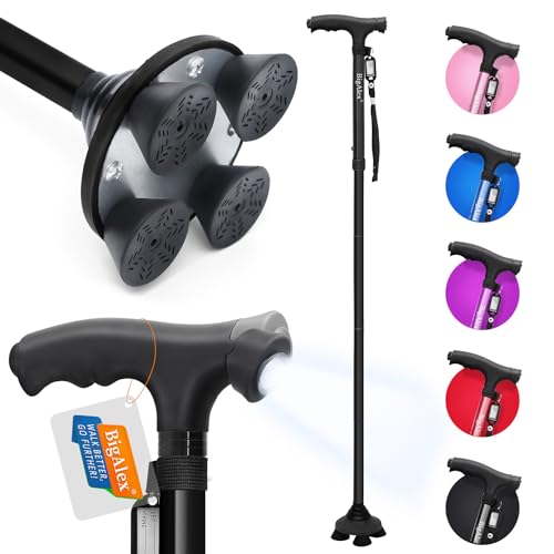 BigAlex Folding Walking Cane with LED Light,Pivoting Quad Base,Adjustable Walking Stick with Carrying Bag for Man/Woman (Alloy Base) - color: Black(30"-35")