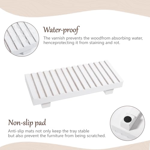 Bathroom Tray Rustic Farmhouse Decor Wood Stand, 8.6" * 3.6" White | Waterproof, Lightweight, Easy Clean, Wood Riser Kitchen soap holder Accessories for Office Desk, Vanity, Counter, Sink - color: White, size: 8.7" x 3.6" x 1.6"