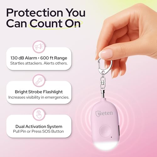 Weten Rechargeable Personal Alarm Keychain - 130dB Siren & LED Light - Stylish Personal Safety Alert for Women to Carry - Panic Button Alarm for Security - Rape Whistle for Self Defense (Pink) - color: C - Pink