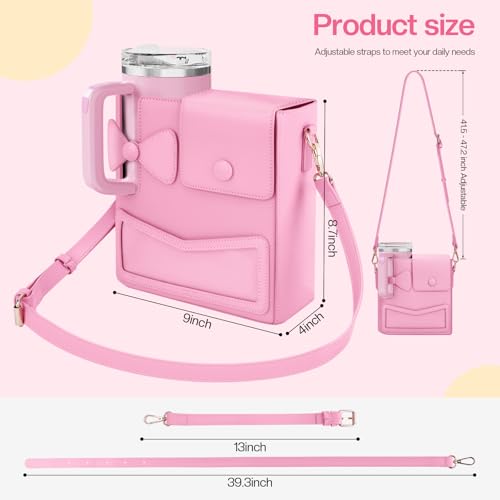 Crossbody Bag for Stanley Cup Purse, Outdoor Portable Water Bottle Holder with Adjustable Shoulder Strap - color: Pink